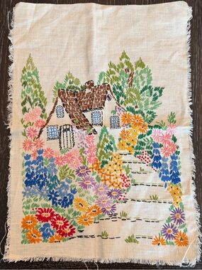 Vintage Crewel Cottagecore Embroidery Needlepoint House Flowers Trees 12x17.5